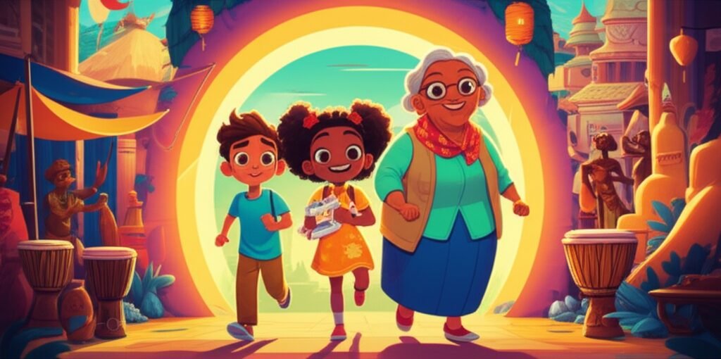 Uma ilustração colorida da História Infantil O Tesouro Escondido das Cores do Mundo, com as personagens Leo, Maya e Dona Aurora explorando diferentes culturas do mundo através de um portal.