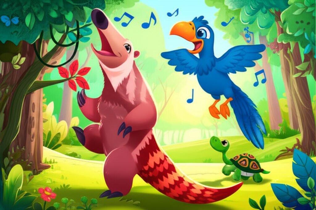 História Infantil sobre diversidade: Jubileu o tamanduá, Isaura a arara e Caetano o jabuti tocam juntos na Floresta Sussurrante, ilustrando a beleza de suas diferenças e a harmonia da diversidade.