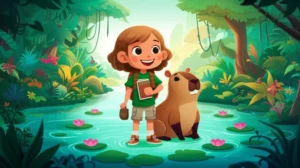 História Infantil A Missão da Capivara Chico no Rio Cristalino. Imagem de uma menina e uma capivara explorando um rio limpo em uma floresta tropical, simbolizando a aventura e a importância da ecologia.