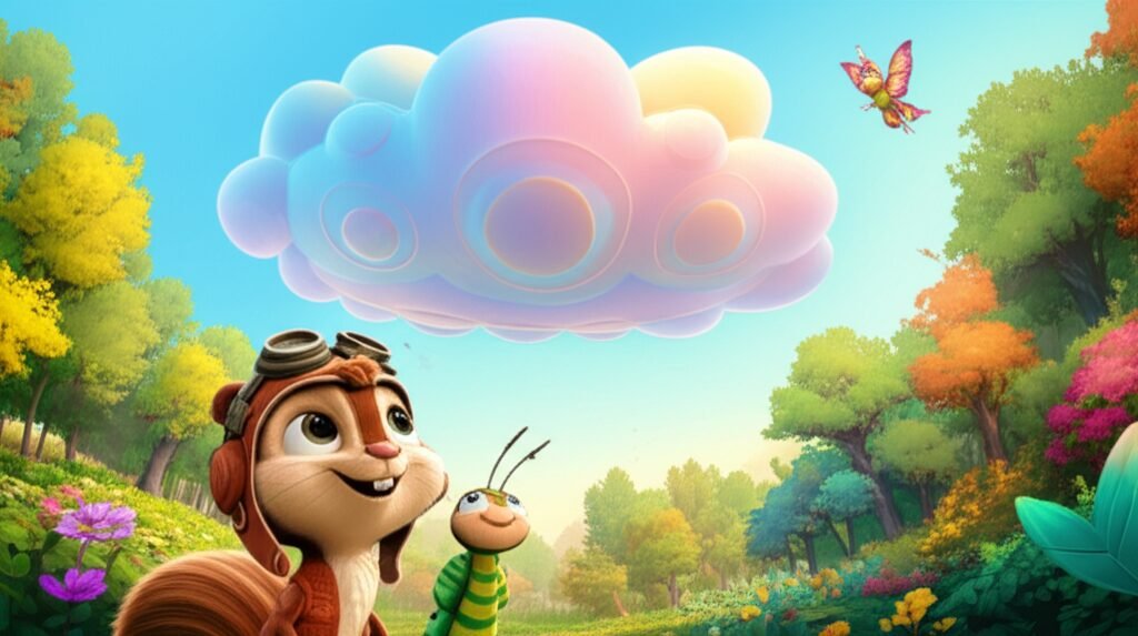 Uma ilustração da História Infantil O Sussurro da Nuvem Sentimental, mostrando o esquilo Chico e a borboleta Pipa na Floresta dos Murmúrios, interagindo com uma nuvem colorida que representa emoções.