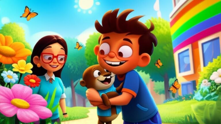História Infantil: Ilustração vibrante de Leo e a lontra Pipoca no jardim da Escola do Sol Radiante, em uma busca divertida.