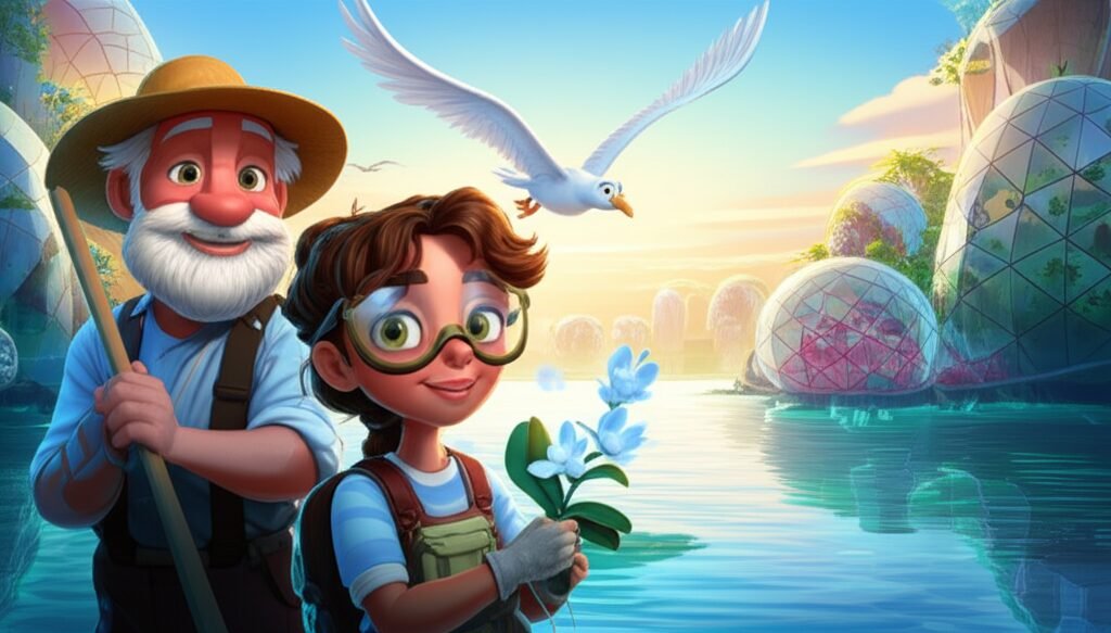 História Infantil sobre Esperança com Seraphina, Zé Pescador e a gaivota Brisa em uma missão para salvar a Orquídea Azul e trazer de volta a luz à sua comunidade flutuante.