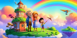 História Infantil: A família Nuvens-Mestres na Ilha Flutuante de Algodão, mostrando união e superação para restaurar as cores do céu.