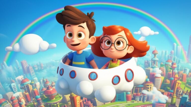 História Infantil sobre as férias: Léo e Sofia em um dirigível explorando a Cidade Flutuante de Aguazul, um cenário de aventura e amizade para crianças.