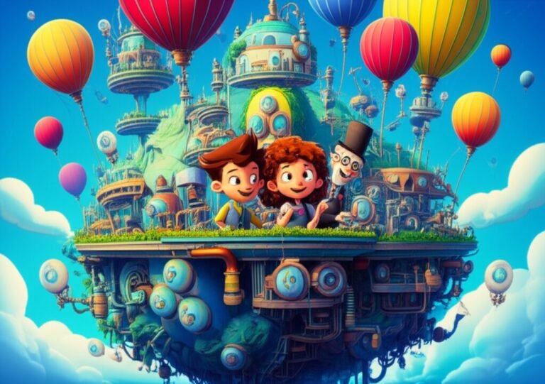 História Infantil sobre as Férias: Imagem de Leo, Mel e Professor Bóris na Ilha Flutuante de Balões, ilustrando a aventura e a amizade.