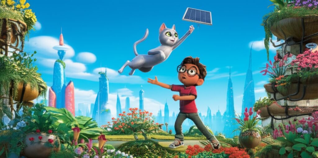 Uma História Infantil sobre uma gata prateada e um menino inventor em um jardim suspenso, resgatando um painel solar. O título é História Infantil sobre gato: A Patrulha Felina de Solaris e o Segredo do Jardim Suspenso.