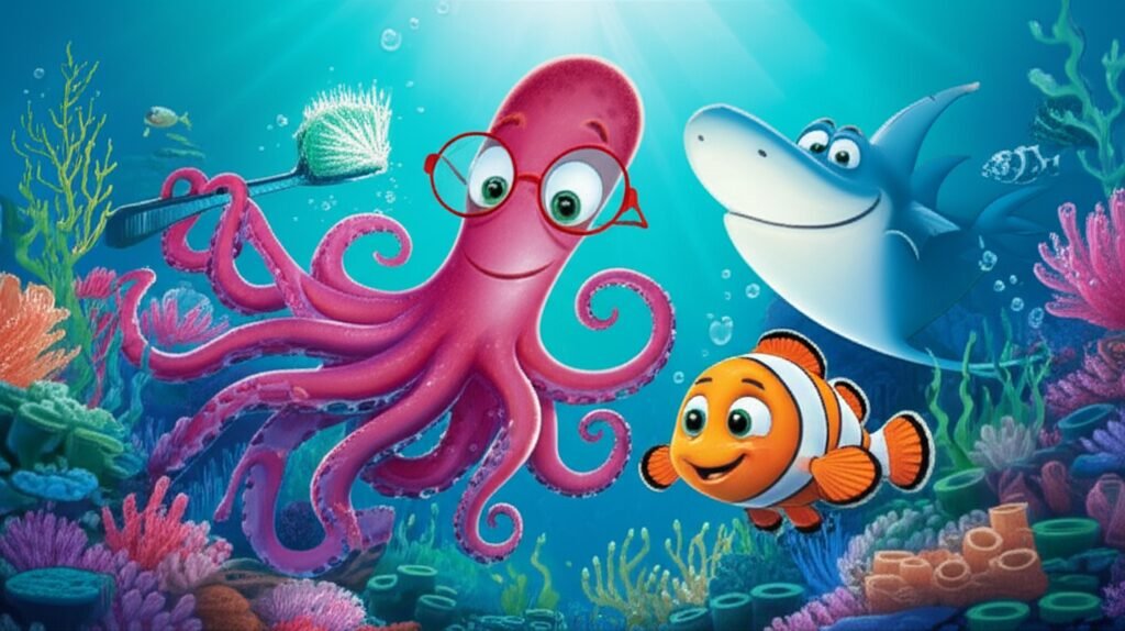 História Infantil: O Mistério dos Dentes Brilhantes da Cidade Submarina. Ilustração colorida e cativante de um polvo dentista, um peixe-palhaço e um tubarão em um vibrante cenário submarino, incentivando a importância da higiene bucal e sorrisos saudáveis.
