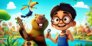 História Infantil sobre Igualdade: A Orquestra Colorida de Vila Harmonia, mostrando os personagens principais, uma capivara, um menino e um tucano, trabalhando juntos em um cenário vibrante de sua vila.