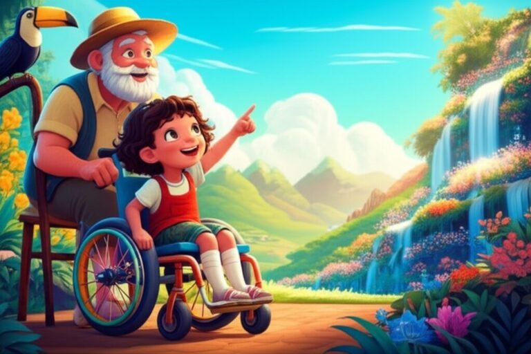 História Infantil: Ilustração de Lili, uma menina em cadeira de rodas, Zé Pescador e o tucano Tico explorando um caminho florido em direção a um jardim nas nuvens. A imagem destaca a aventura e a inclusão.