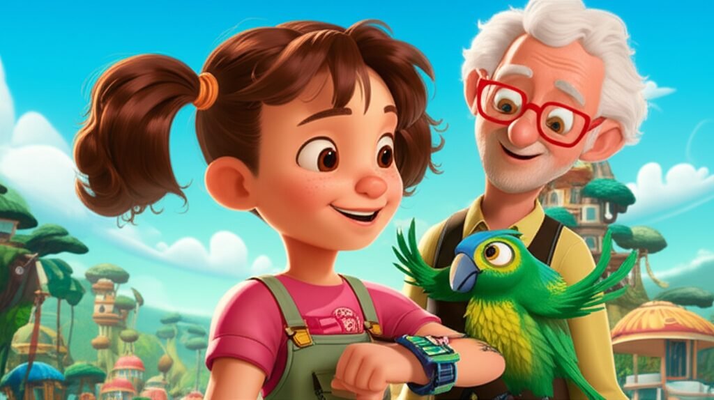 História Infantil O Relógio de Sentimentos de Dália, mostrando a jovem inventora Dália, o papagaio Zico e o Professor Astolfo em Tecnobrisa, abordando a inteligência emocional.