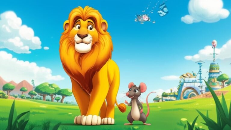 Uma ilustração da História Infantil O Leão e o Rato: A Grande Amizade na Fazenda Esperança Verde, mostrando Juba e Pipoca juntos, simbolizando a amizade.