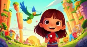 História Infantil sobre linguagem e palavras: Ilustração de uma menina, um dicionário falante e um papagaio voando em um cenário vibrante do Vale dos Ecos, celebrando a riqueza da comunicação e a beleza das palavras.