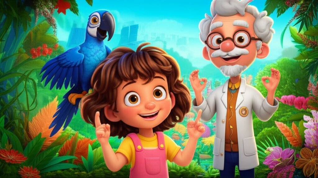 História Infantil sobre linguagem de sinais: O Segredo do Sussurro das Mãos. Imagem de Clara, Professor Lino e Bento em uma aventura de descoberta.