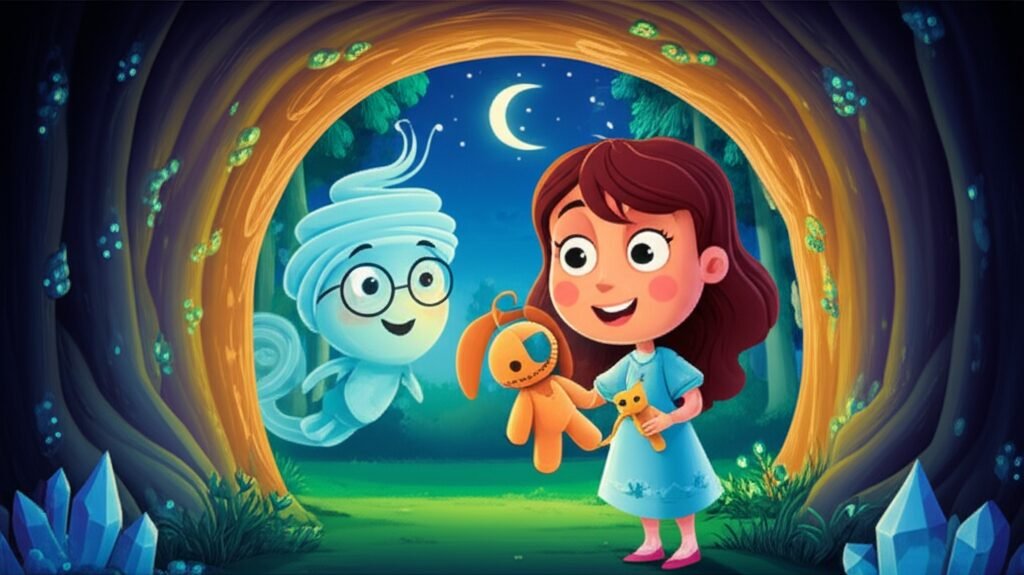 História Infantil sobre Medo do Escuro: O Brilho Escondido de Lampião. Uma menina, um vagalume e um vento exploram um túnel escuro em uma árvore gigante, mostrando a beleza e os mistérios da noite.