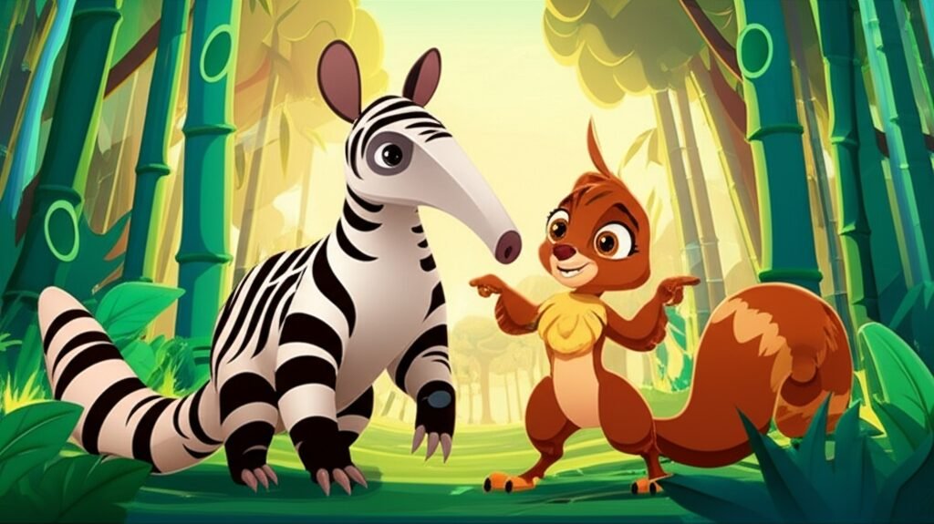 Texto alternativo para a imagem da História Infantil O Sumiço dos Sussurros na Floresta Sonora, que apresenta o tamanduá Joaquim e a irara Isadora em uma floresta exuberante, descobrindo a origem dos misteriosos sussurros vindos de bambus gigantes.