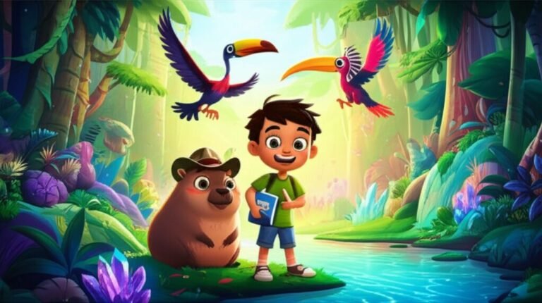 História Infantil sobre meio ambiente para educação infantil: Ilustração de Léo o Explorador, a Capivara Cássia e o Tuiuiú Teco em uma Floresta Pulsante, juntos em uma aventura de limpeza de rio, simbolizando o cuidado com a natureza.