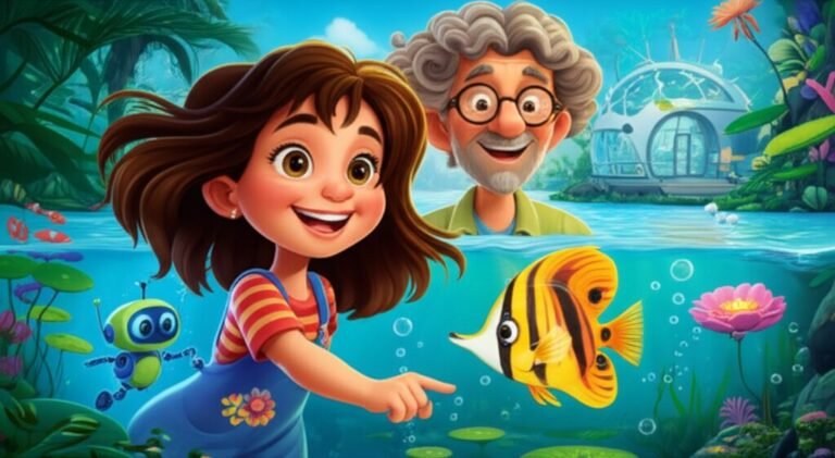 História Infantil sobre meio ambiente infantil: Clara, Professor Inácio e o robô Eco em seu laboratório flutuante, resolvendo um mistério ecológico no Lago Luminoso da Amazônia, com peixes coloridos e plantas aquáticas vibrantes.