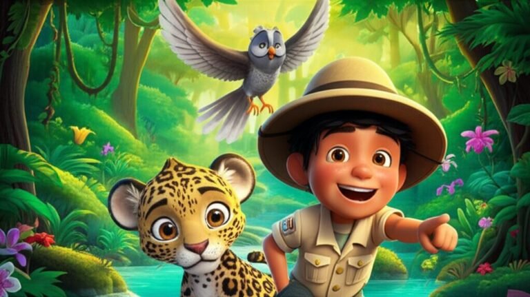 História Infantil O Mistério da Nascente Escondida e a Missão dos Pequenos Guardiões da Natureza, com Léo, Flora e Dona Cotovia em uma floresta tropical, simbolizando a proteção ao meio ambiente.