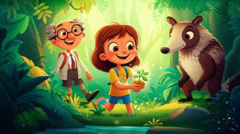 História Infantil: Ilustração de Lia, Juba o tamanduá e Professor Breno em uma floresta cintilante, simbolizando o cuidado com o meio ambiente.