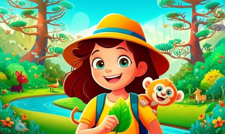 História Infantil sobre Meio Ambiente: Imagem ilustra Lia, Joca e Araí celebrando o rio limpo na Floresta dos Murmurinhos. O título da história é O Sussurro Esquecido da Floresta dos Murmurinhos.