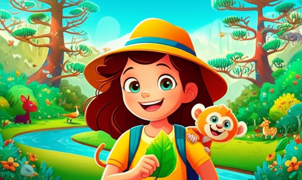 História Infantil sobre Meio Ambiente: Imagem ilustra Lia, Joca e Araí celebrando o rio limpo na Floresta dos Murmurinhos. O título da história é O Sussurro Esquecido da Floresta dos Murmurinhos.
