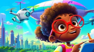 Uma vibrante ilustração de História Infantil mostrando a cientista mirim Brisa e o drone Vento explorando os céus de Aéropolis, destacando a aventura invisível do ar.