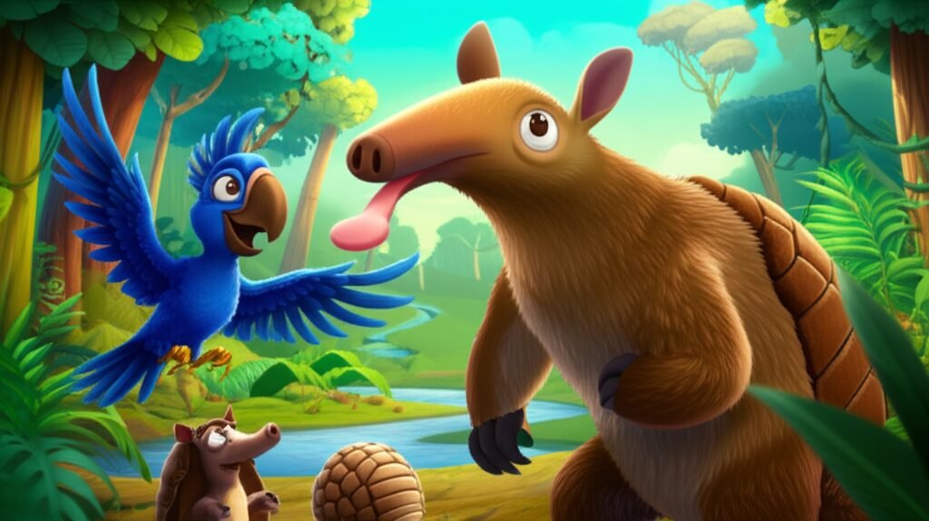 História Infantil: Uma imagem alegre de Plínio, o tamanduá-bandeira, com sua língua longa, ao lado de sua amiga arara Lúcia e o tatu Horácio, em uma floresta exuberante, simbolizando a descoberta da autoaceitação e o valor das diferenças.