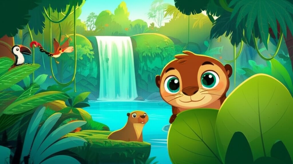 História Infantil: Ilustração do jovem lontra Lino e Dona Flora, a capivara, em uma floresta tropical, simbolizando a obediência e a descoberta.