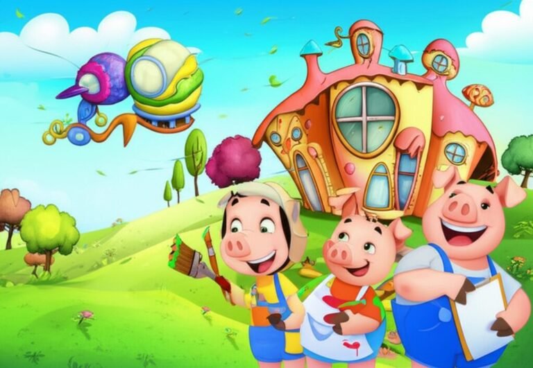História Infantil Os Três Porquinhos: O Segredo da Casa que Voa (ou não!) ilustra os três porquinhos, Joaquim, Belchior e Benedito, construindo suas casas distintas e coloridas no Vale dos Sonhos Coloridos. A imagem transmite a alegria e a importância da construção e do trabalho em equipe na história infantil.