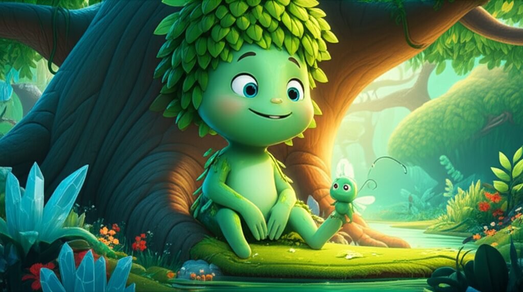 História Infantil sobre Paz Interior: Pingo e Faísca encontrando a serenidade sob a sábia Dona Sereníssima na Floresta Cristalina.