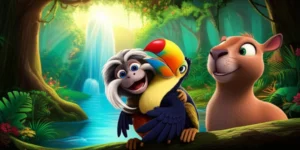 História Infantil A Fonte Luminosa do Rio da Calma, ilustrando Jubileu, Bento e Flora celebrando o perdão e a amizade.