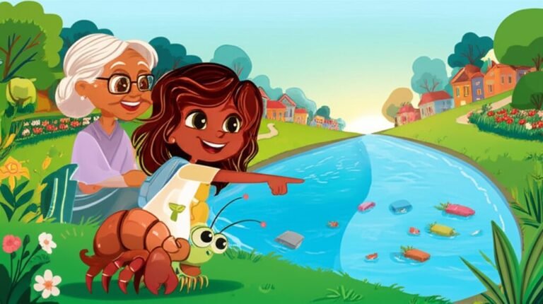 História Infantil O Segredo do Rio Cintilante e a Missão de Lia e Bento. Ilustração de crianças e um caranguejo limpando um rio, representando a luta contra a poluição.