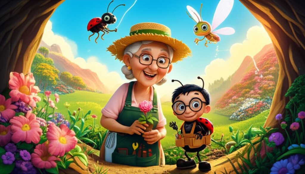 Imagem da História Infantil sobre a Primavera: O Jardim Secreto de Dona Flora e o Inventor Voador, mostrando Dona Flora, a joaninha Júnior e a libélula Luzia em uma caverna florida.