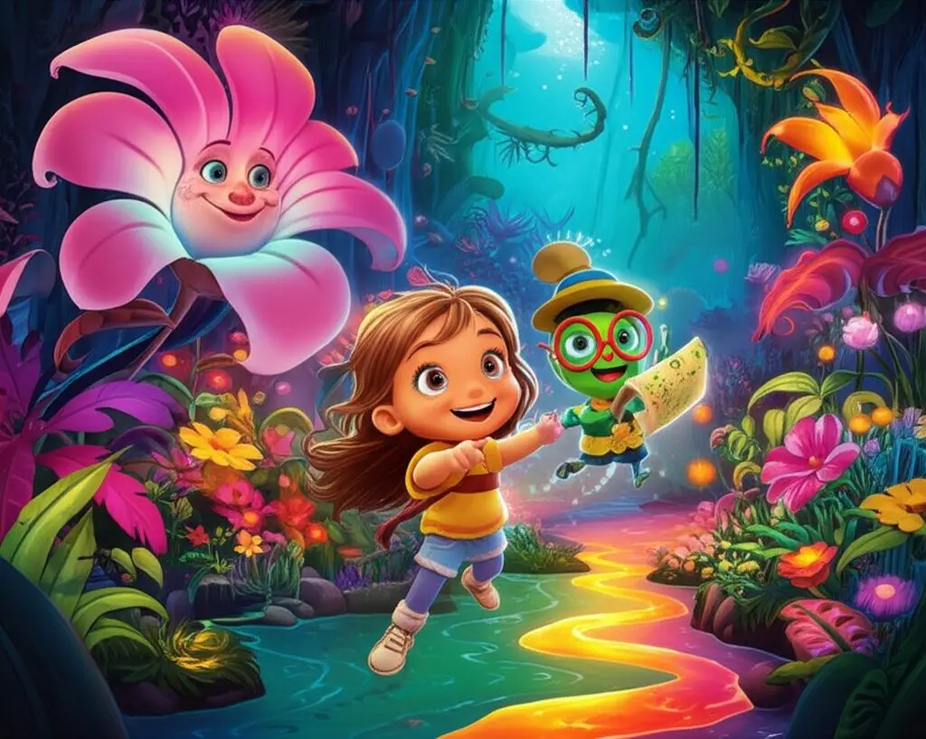 História Infantil sobre a Primavera: O Segredo da Flor Cantante, com a menina Lia e o vaga-lume Doutor Joca explorando um vale florido com a Flor Cantante no centro.