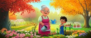História Infantil sobre as Quatro Estações do Ano: O Calendário Vivo do Jardim Secreto. A imagem apresenta Dona Florinda, Tico e Bento em um jardim colorido que exibe as belezas e as transformações da primavera, verão, outono e inverno.