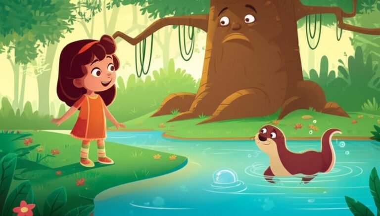 História Infantil sobre Recursos Naturais: Imagem de Sofia, uma menina curiosa, ao lado da lontra Otávio e da Figueira Dona Figueira, explorando a natureza e seus tesouros.