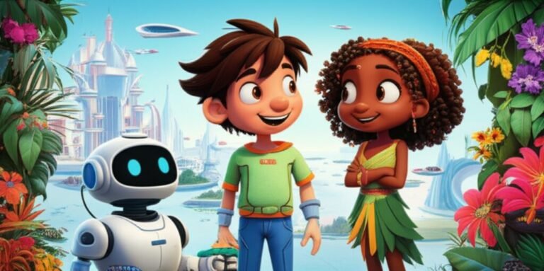 História Infantil sobre a amizade entre Júlio, o inventor de Aerópolis, e Zara, a menina do Vale das Raízes, em uma imagem que ilustra o respeito às diferenças e a colaboração.