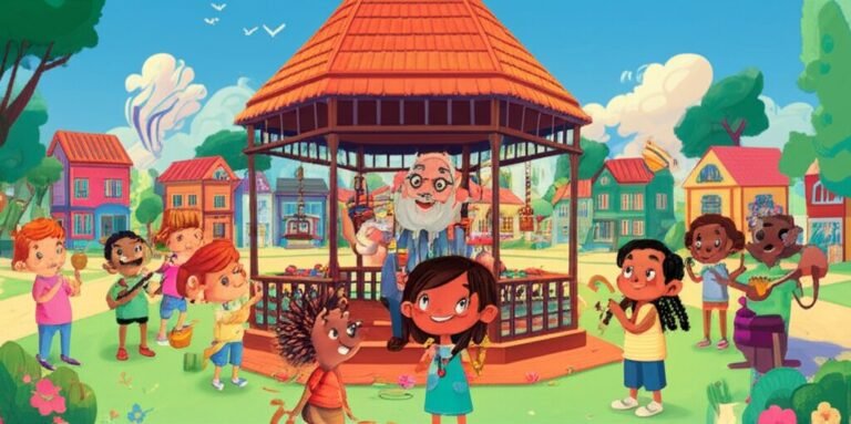 História Infantil: Ilustração vibrante do Bairro Alegre, mostrando a menina Júlia, o inventor Seu Bento com seu Harmonizador de Ondas Sonoras, e o ouriço Chico, cercados por vizinhos. Transmite a mensagem de respeito ao próximo e a beleza da inclusão em uma sinfonia de sons diversos.