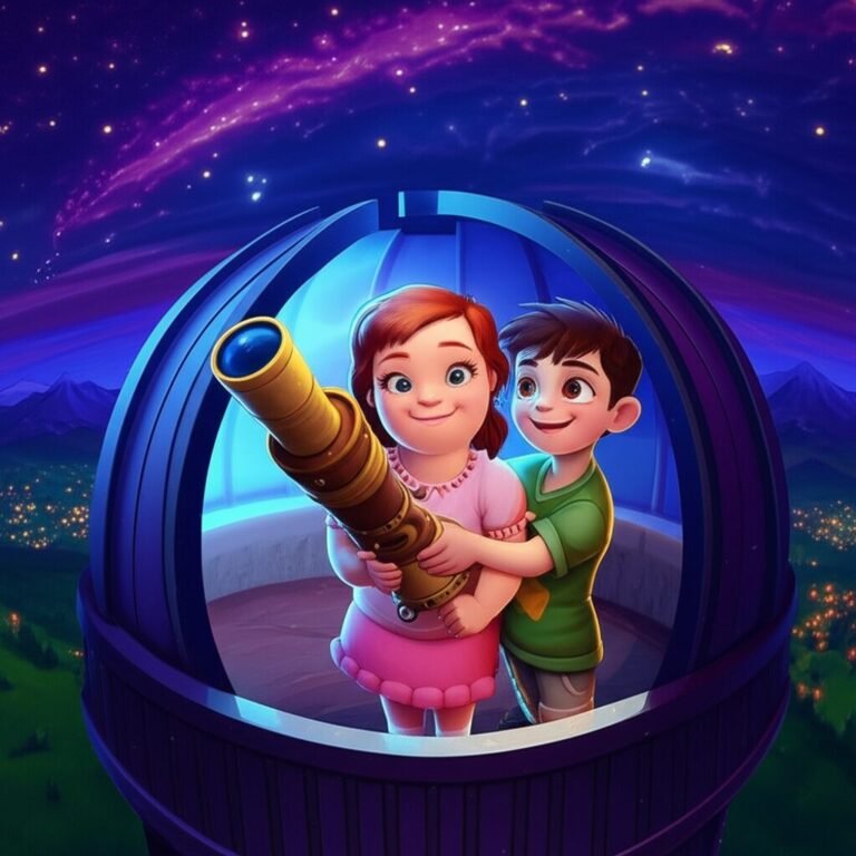 História Infantil sobre Síndrome de Down: Ilustração de Lia, uma menina com Síndrome de Down, e Pedro olhando as estrelas por uma luneta no topo de uma montanha, simbolizando a amizade e a descoberta.