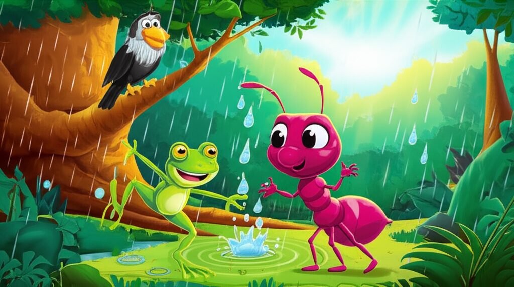 História Infantil sobre a chuva: imagem vibrante de uma formiguinha, um sapo e um carcará em uma floresta tropical, mostrando a beleza e a alegria da chuva.