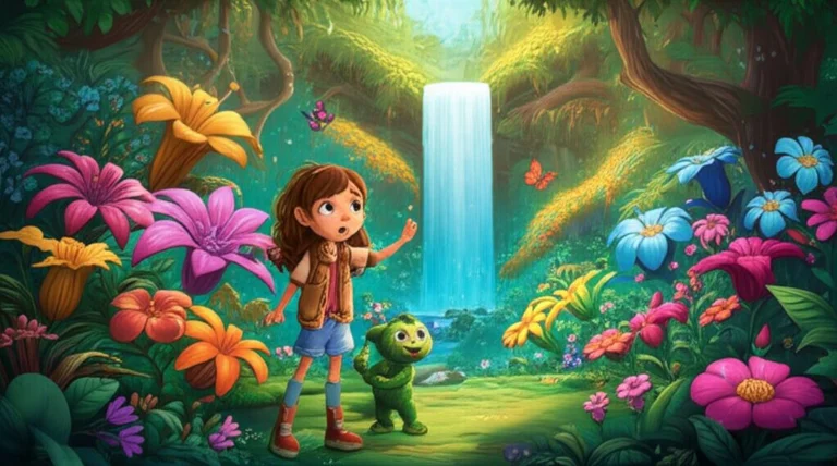 História Infantil sobre a Primavera: Imagem de Lila e Oberon explorando o Vale da Eterna Florada, um paraíso de cores vibrantes e flores exuberantes.
