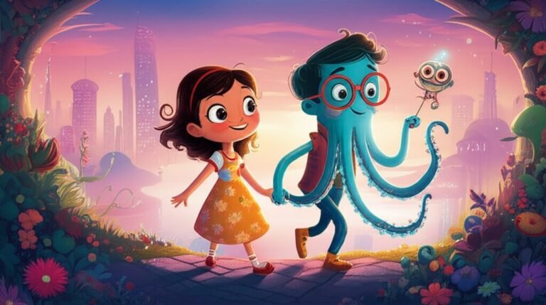 História Infantil sobre Amor: Ilustração da menina Lia, o Dr. Octávio (um polvo inventor) e o robô Pingo em uma cidade futurista colorida, celebrando a redescoberta do amor.