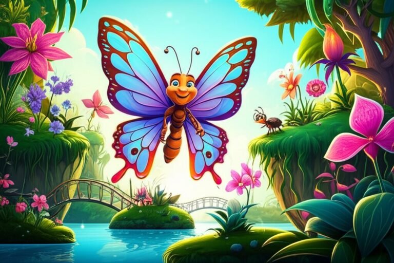 História Infantil: Imagem de uma borboleta chamada Lila, com asas recém-coloridas em azul, rosa e dourado, voando sobre um vibrante Jardim Flutuante das Orquídeas. Um besouro com óculos a observa, simbolizando a aventura e a descoberta da beleza interior da História Infantil A Jornada de Lila e a Orquídea dos Segredos Flutuantes.