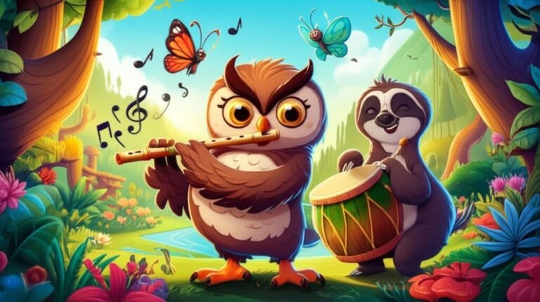 Texto alternativo da imagem. Imagem da História Infantil sobre Ciúmes: A Melodia Secreta da Coruja Olívia, apresentando a coruja Olívia tocando flauta, o bicho-preguiça Bento batucando e a borboleta Cecília voando alegremente em um cenário de floresta musical.