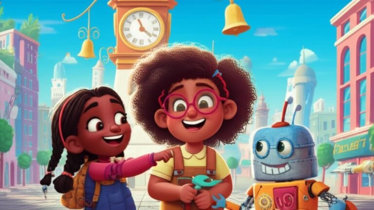 Uma ilustração colorida da História Infantil sobre Empatia: O Segredo do Grande Relógio do Tempo, mostrando a inventora Flora, o robô Bento e a amiga Marcela em frente ao relógio central da cidade, simbolizando a importância da conexão e do coração.