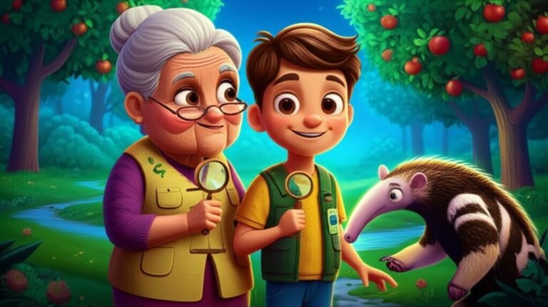 História Infantil O Segredo do Pomar Cintilante: Imagem de Pedro, Dona Clarice e Bento o tamanduá em um pomar noturno com frutas brilhantes.