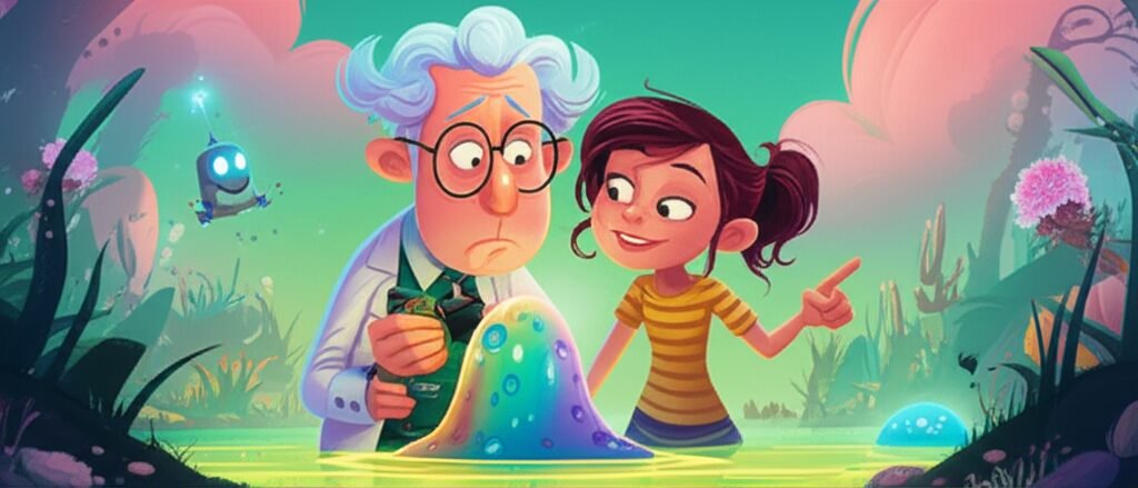 História Infantil sobre Nojo: Ilustração vibrante do Doutor Olavo, Melodia e Bartolomeu, o robô, descobrindo uma criatura gelatinosa e multicolorida em um pântano misterioso, com foco na curiosidade e na superação do nojo.