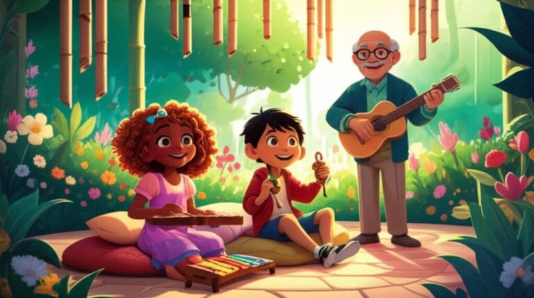 Ilustração da História Infantil A Sinfonia Silenciosa de Miguel, mostrando o menino Miguel, a menina Sofia e o Professor Bento em um cantinho musical com instrumentos suaves e sinos de vento, simbolizando amizade e compreensão em um ambiente colorido.