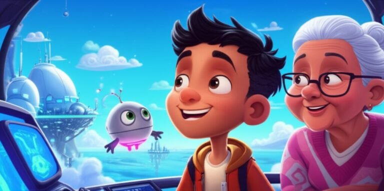 História Infantil mostrando Nilo, um menino curioso, Dona Aurora, uma inventora, e Pipo, um drone, observando a cidade flutuante de Solaris. A imagem vibrante ilustra a aventura de autodescoberta do menino em busca do significado do seu nome.