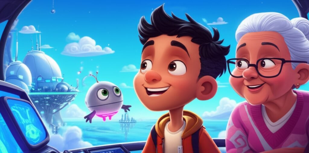 História Infantil mostrando Nilo, um menino curioso, Dona Aurora, uma inventora, e Pipo, um drone, observando a cidade flutuante de Solaris. A imagem vibrante ilustra a aventura de autodescoberta do menino em busca do significado do seu nome.